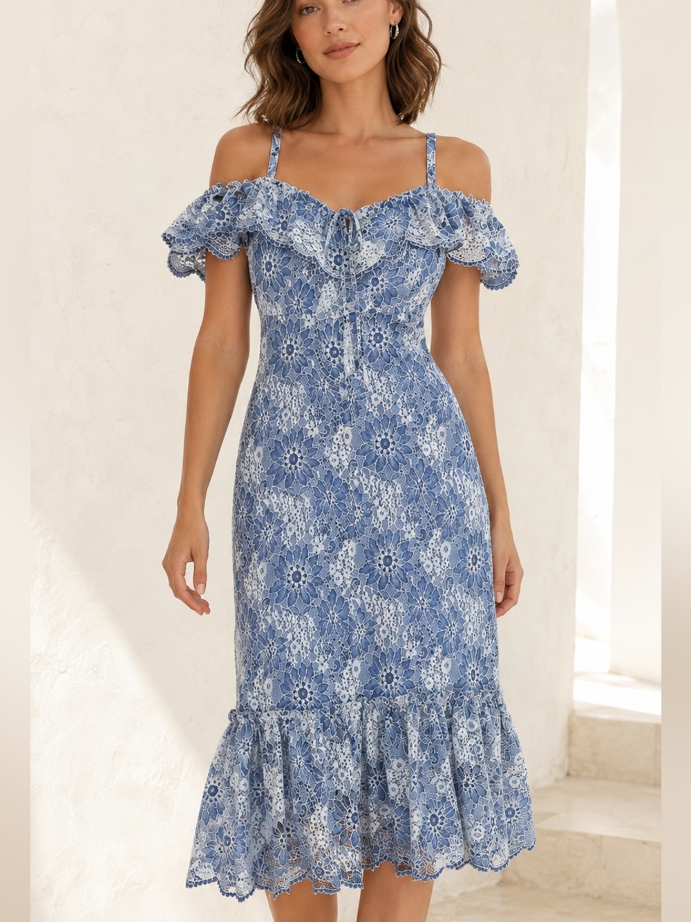 BCBGMAXAZRIA Blue Lace Off Shoulder Midi Dress Ruffle Hem Romantic size M